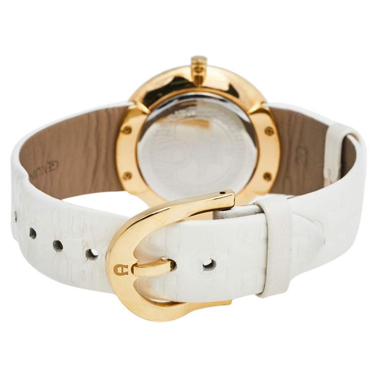 Pre Owned Aigner Mother of Pearl Two Tone Stainless Steel Leather Aversa A51300 Women's Wristwatch 35 mm 