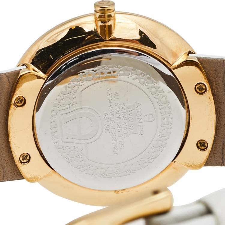 Pre Owned Aigner Mother of Pearl Two Tone Stainless Steel Leather Aversa A51300 Women's Wristwatch 35 mm 
