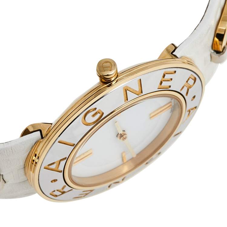 Pre Owned Aigner Mother of Pearl Two Tone Stainless Steel Leather Aversa A51300 Women's Wristwatch 35 mm 