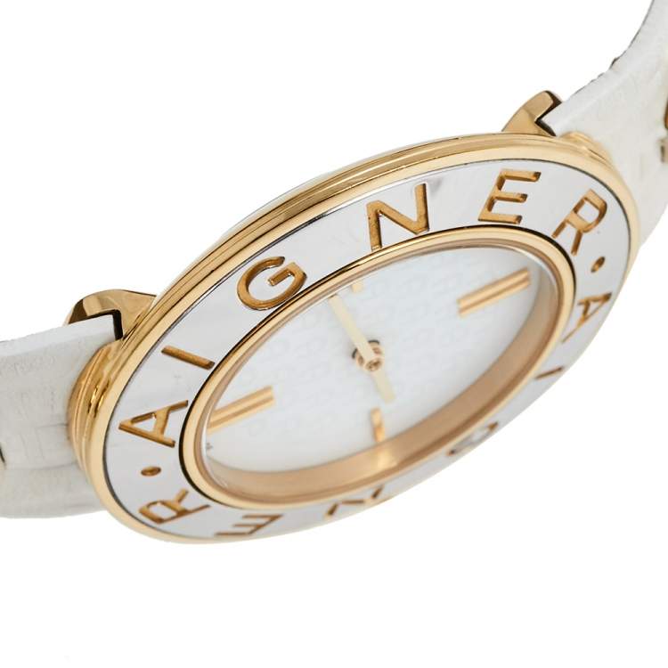 Pre Owned Aigner Mother of Pearl Two Tone Stainless Steel Leather Aversa A51300 Women's Wristwatch 35 mm 
