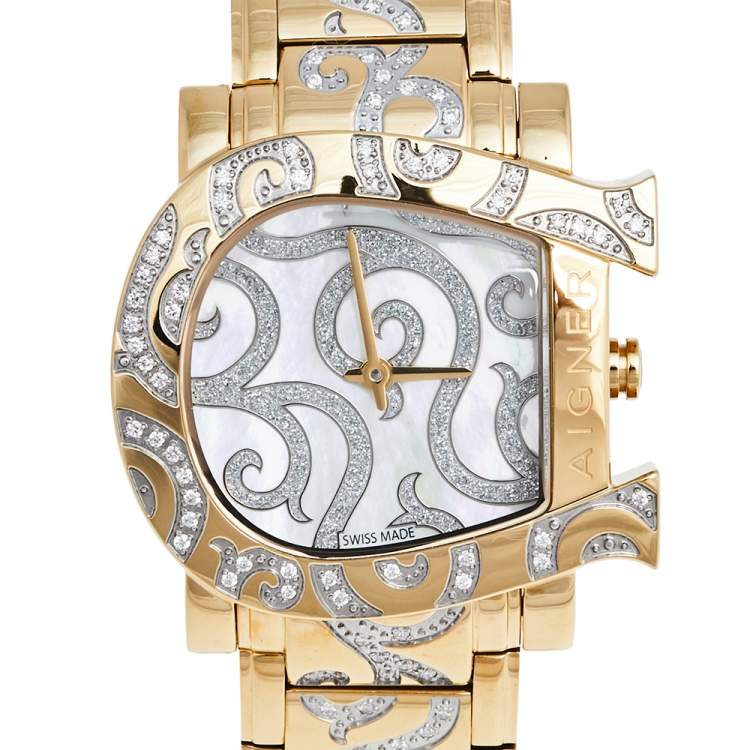 Pre Owned Aigner Mother of Pearl Gold Plated Stainless Steel Genua Due A31600 Women's Wristwatch 33 mm