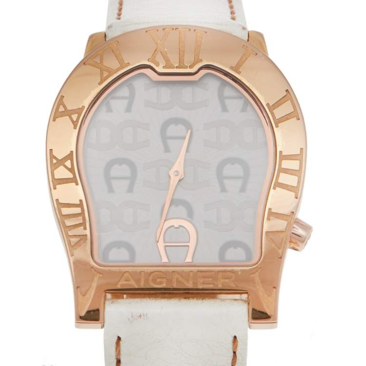 Pre Owned Aigner White Rose Gold Plated Stainless Steel Leather Verona Nuovo A22100  Women's Wristwatch 33 mm