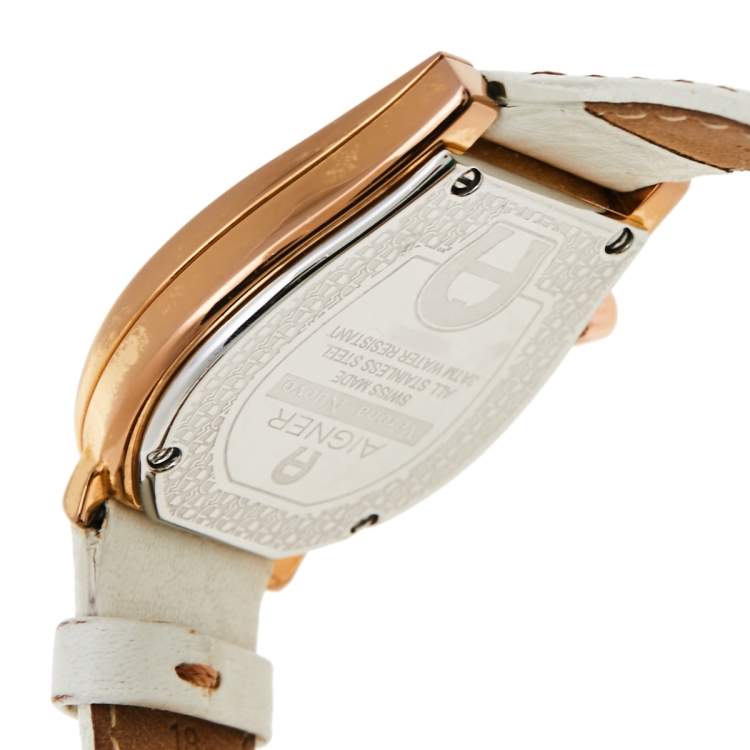Pre Owned Aigner White Rose Gold Plated Stainless Steel Leather Verona Nuovo A22100  Women's Wristwatch 33 mm