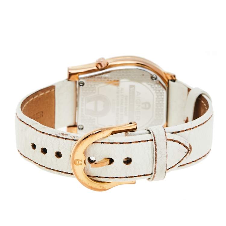 Pre Owned Aigner White Rose Gold Plated Stainless Steel Leather Verona Nuovo A22100  Women's Wristwatch 33 mm
