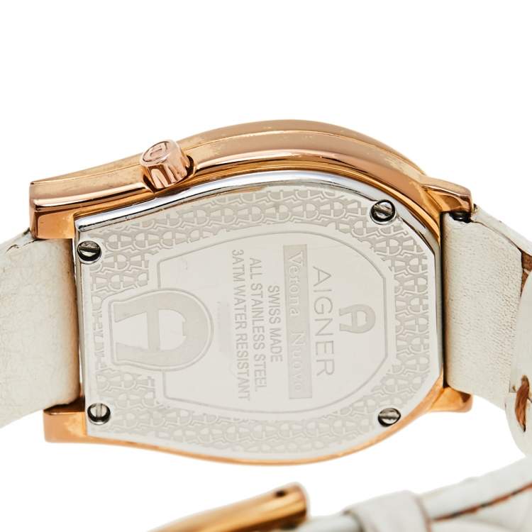Pre Owned Aigner White Rose Gold Plated Stainless Steel Leather Verona Nuovo A22100  Women's Wristwatch 33 mm