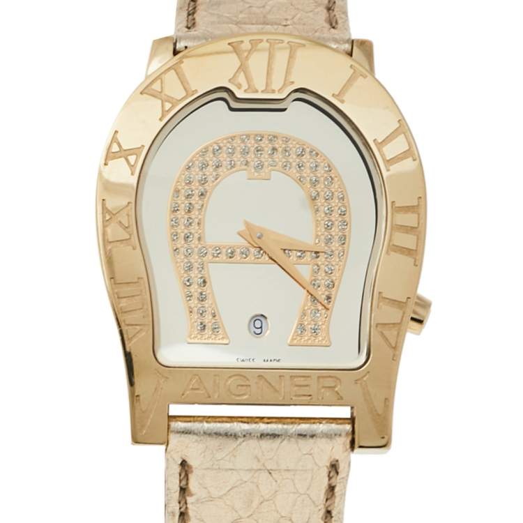 Pre Owned Aigner Champagne Gold Plated Stainless Steel Verona Nuovo 44 A22000 Women's Wristwatch 38 mm