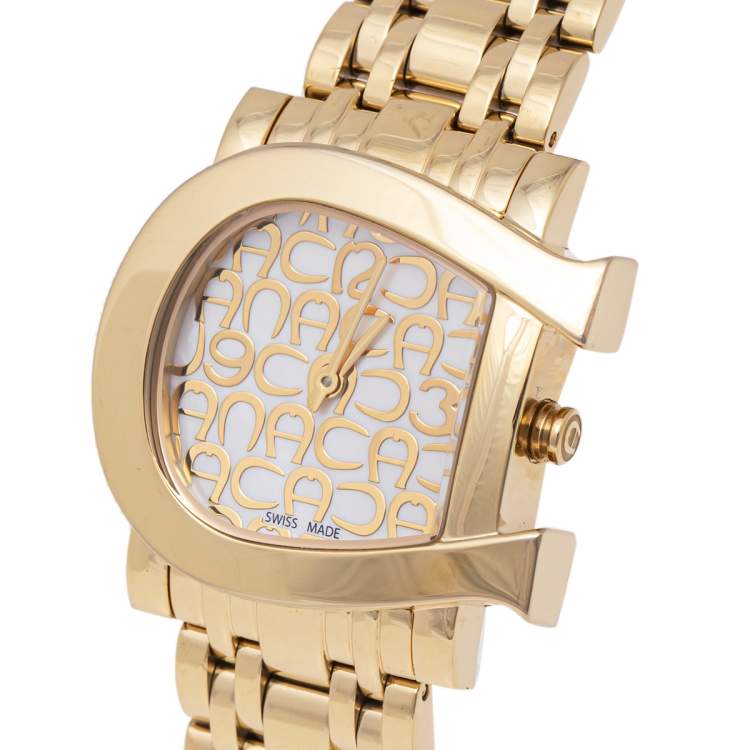 Pre Owned Aigner White Mother of Pearl Gold Plated Stainless Steel Genua Due A31600 Women's Wristwatch 31 mm