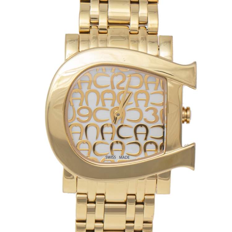 Pre Owned Aigner White Mother of Pearl Gold Plated Stainless Steel Genua Due A31600 Women's Wristwatch 31 mm