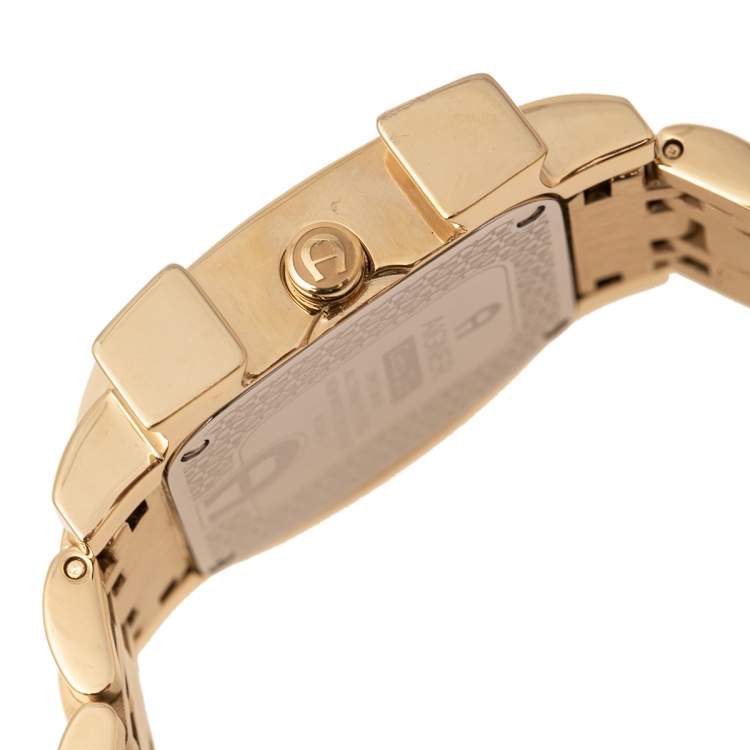 Pre Owned Aigner White Mother of Pearl Gold Plated Stainless Steel Genua Due A31600 Women's Wristwatch 31 mm