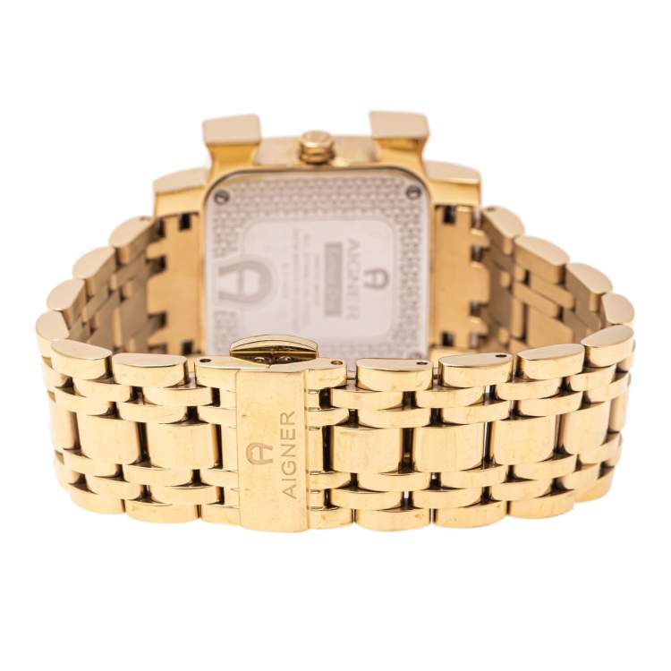 Pre Owned Aigner White Mother of Pearl Gold Plated Stainless Steel Genua Due A31600 Women's Wristwatch 31 mm