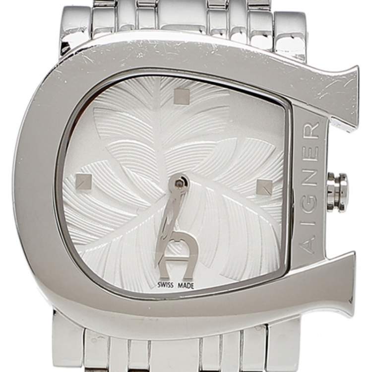 مملوكة مسبقًا Aigner White Leaves Stainless Steel Genua Due A31600 Women's Wristwatch 31 mm