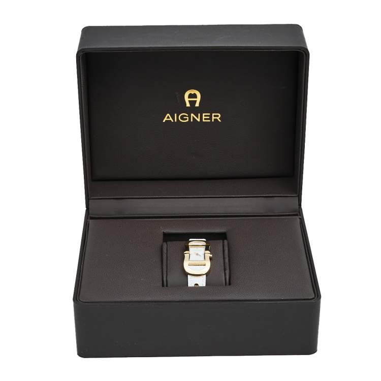 Pre Owned Aigner Mother of Pearl Gold Plated Stainless Steel Leather Cesena A53200 Women's Wristwatch 20 mm