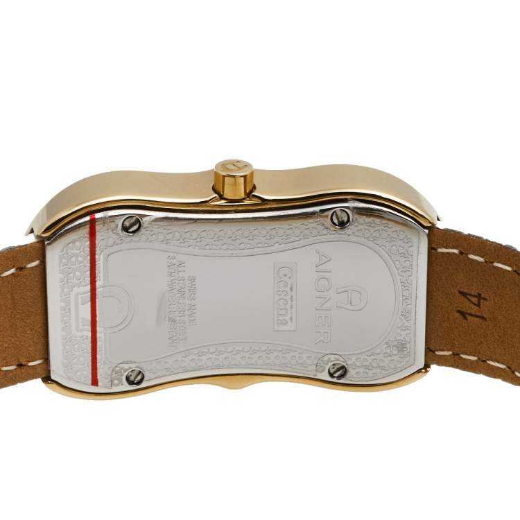 Pre Owned Aigner Mother of Pearl Gold Plated Stainless Steel Leather Cesena A53200 Women's Wristwatch 20 mm