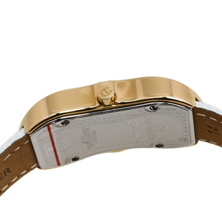 Pre Owned Aigner Mother of Pearl Gold Plated Stainless Steel Leather Cesena A53200 Women's Wristwatch 20 mm