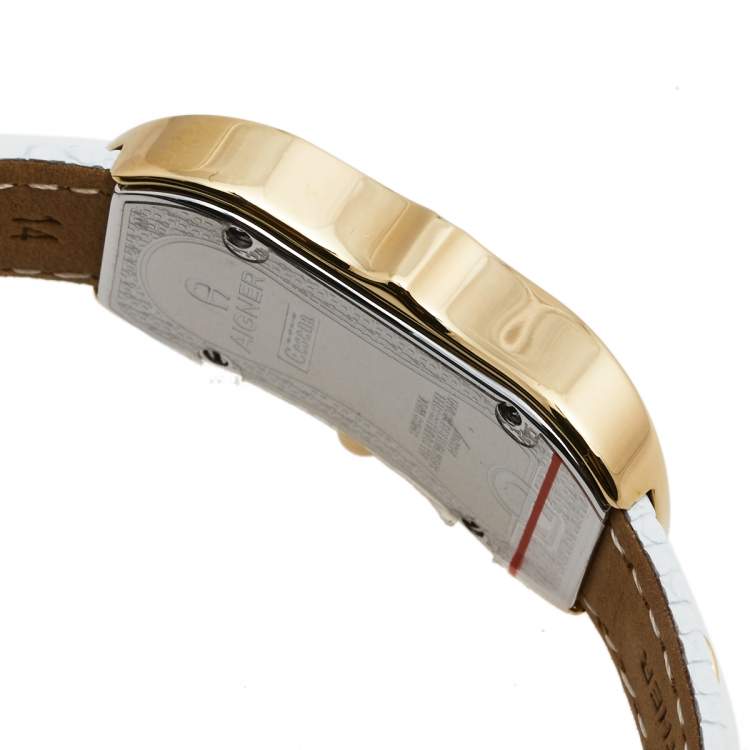 Pre Owned Aigner Mother of Pearl Gold Plated Stainless Steel Leather Cesena A53200 Women's Wristwatch 20 mm