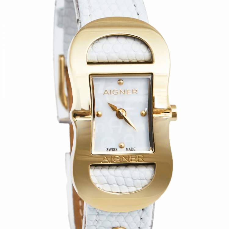 Pre Owned Aigner Mother of Pearl Gold Plated Stainless Steel Leather Cesena A53200 Women's Wristwatch 20 mm