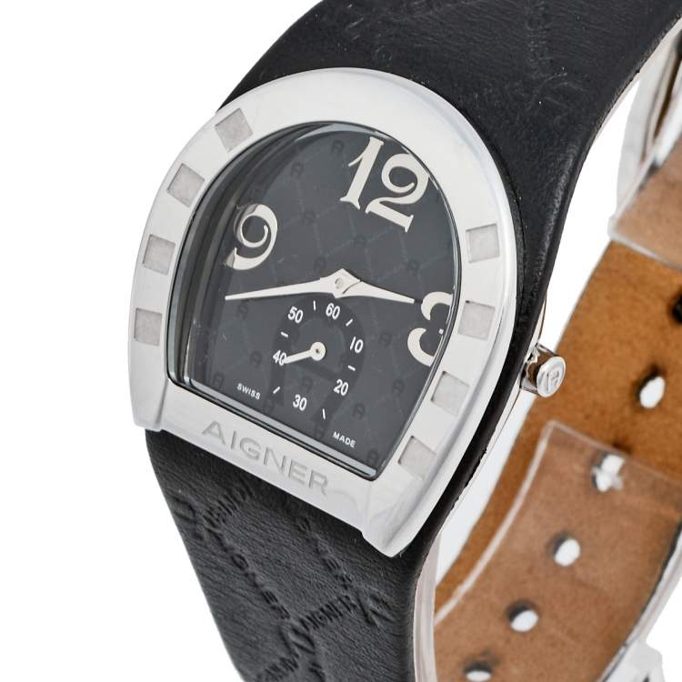 Pre Owned Aigner Black Stainless Steel Leather Capri III A19200 Women's Wristwatch  30 mm