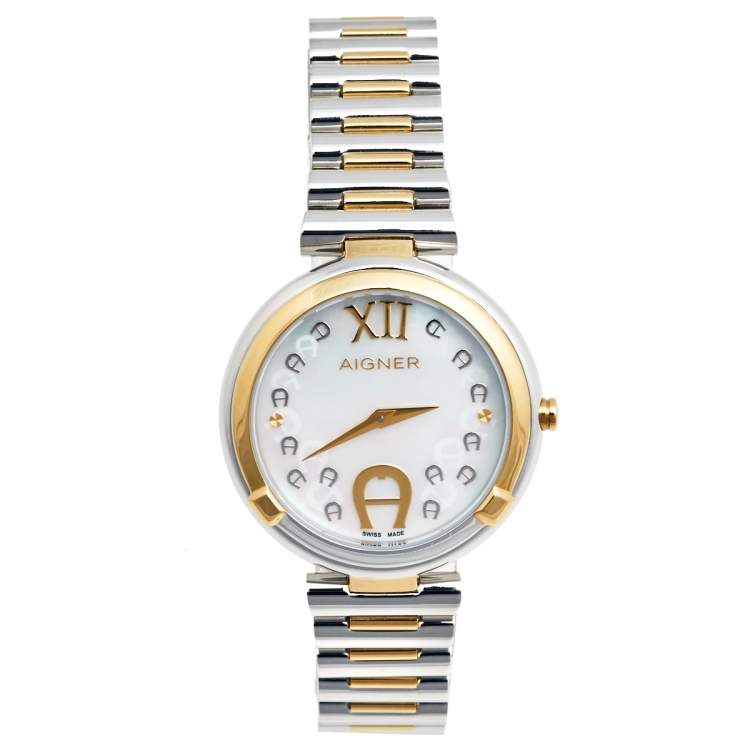 Pre Owned Aigner Mother of Pearl Two-Tone Stainless Steel Gorizia A106200 Women's Wristwatch 33 mm