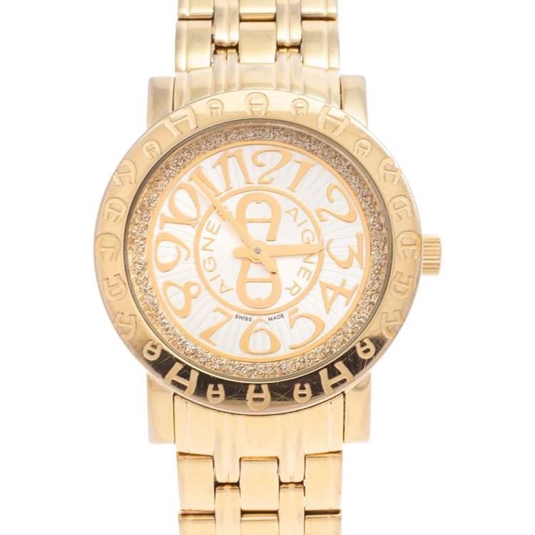 Pre Owned Aigner Champagne Gold Plated Stainless Steel Cortina A26300 Women's Wristwatch 35 mm 