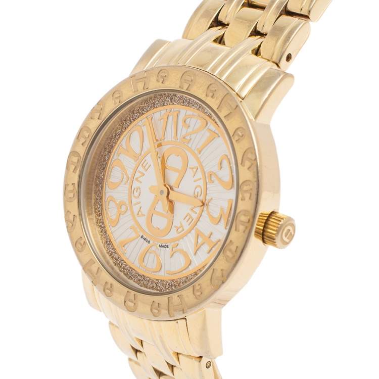 Pre Owned Aigner Champagne Gold Plated Stainless Steel Cortina A26300 Women's Wristwatch 35 mm 