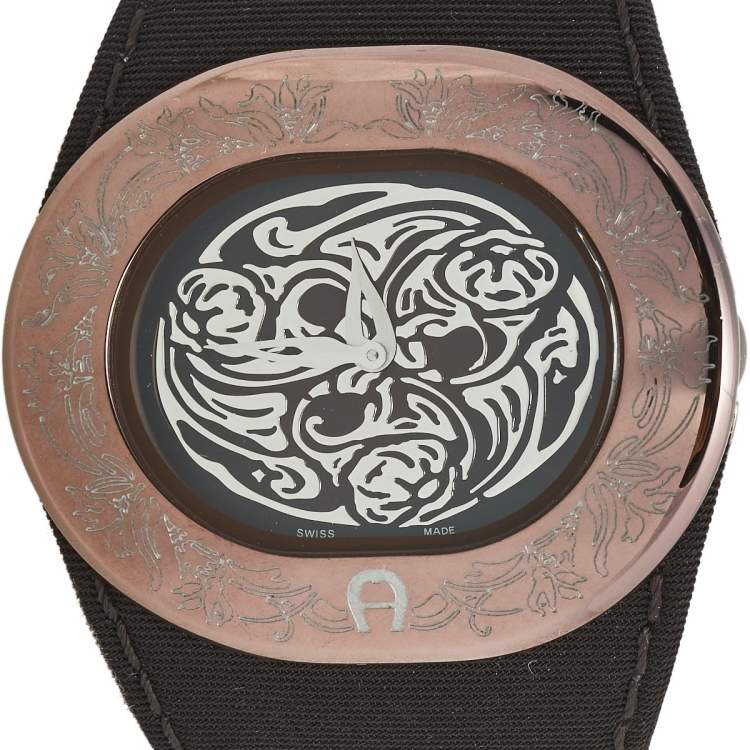 Pre Owned Aigner Silver Brown  PVD Coated Stainless Steel Fabric Ravello Due A21000 Women's Wristwatch  43 mm