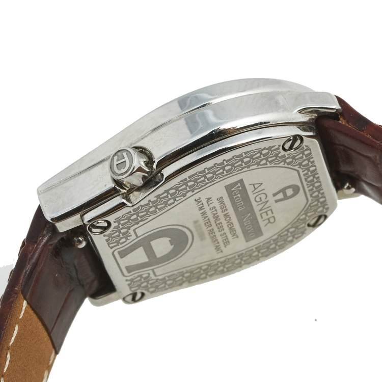 مملوكة مسبقًا Aigner Brown Stainless Steel Leather Verona Nuovo A22200 Women's Wristwatch 24 mm