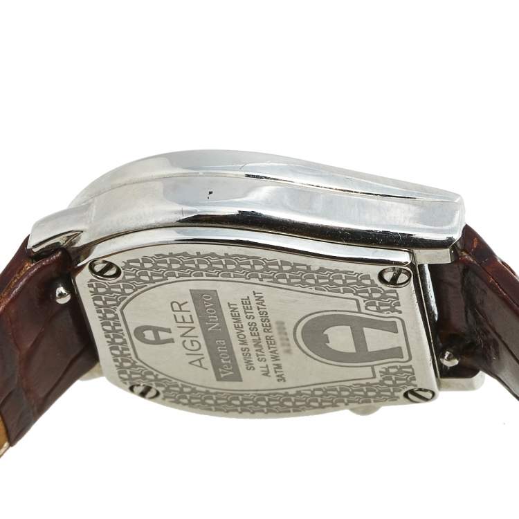 مملوكة مسبقًا Aigner Brown Stainless Steel Leather Verona Nuovo A22200 Women's Wristwatch 24 mm