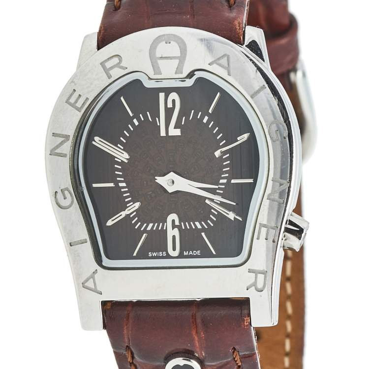 مملوكة مسبقًا Aigner Brown Stainless Steel Leather Verona Nuovo A22200 Women's Wristwatch 24 mm