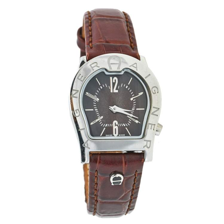 مملوكة مسبقًا Aigner Brown Stainless Steel Leather Verona Nuovo A22200 Women's Wristwatch 24 mm