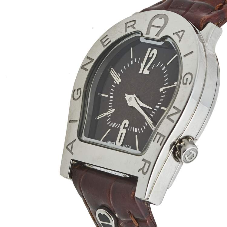 مملوكة مسبقًا Aigner Brown Stainless Steel Leather Verona Nuovo A22200 Women's Wristwatch 24 mm