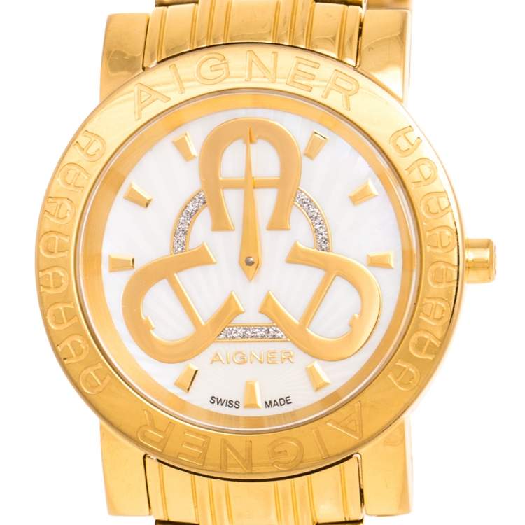 Pre Owned Aigner Mother of Pearl Gold Plated Stainless Steel Cortina A26300 Women's Wristwatch 36 mm