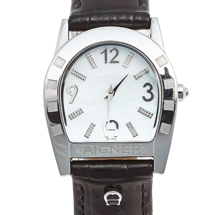 Pre Owned Aigner Mother of Pearl Stainless Steel Leather Asti A32200 Women's Wristwatch 26 mm