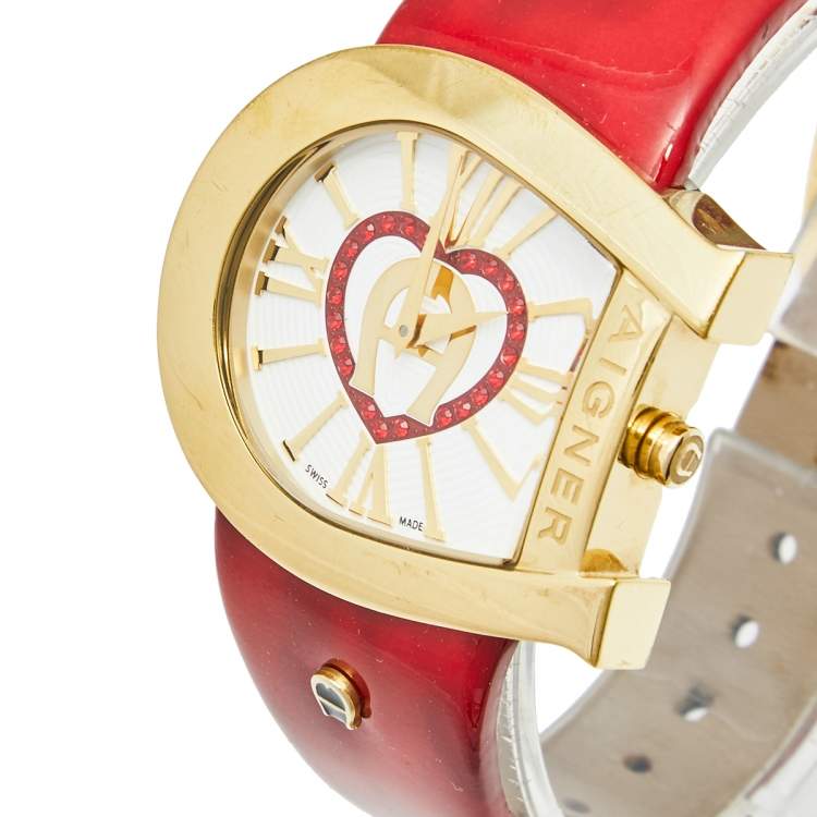 Aigner White Yellow Gold Plated Stainless Steel Leather Genua