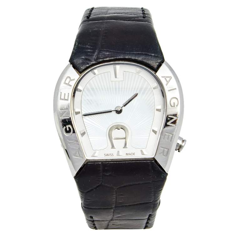 Pre Owned Aigner Mother of Pearl Stainless Steel Leather Cremona A40200 Women's Wristwatch 36 mm