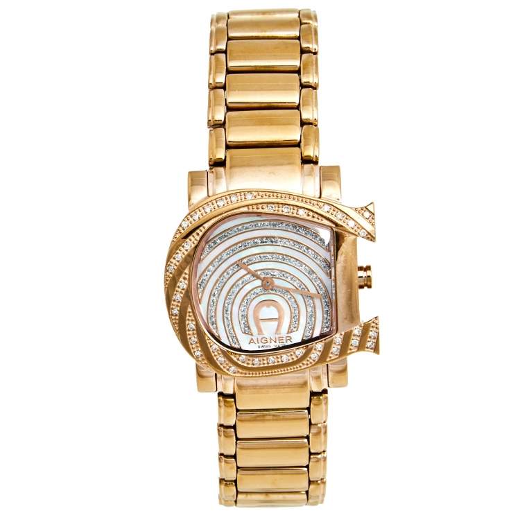 Pre Owned Aigner Mother of Pearl Rose Gold Plated Stainless Steel Genua Due A31600 Women's Wristwatch 31 mm