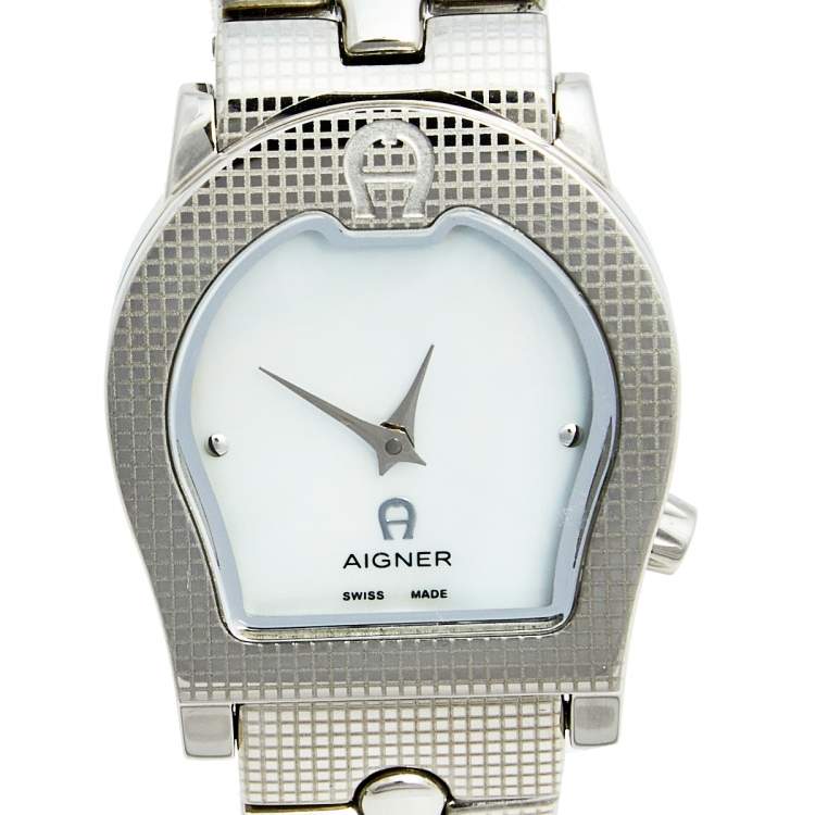 Pre Owned Aigner Mother of Pearl Stainless Steel Ravenna Quadro A02200 Women's Wristwatch 24 mm 