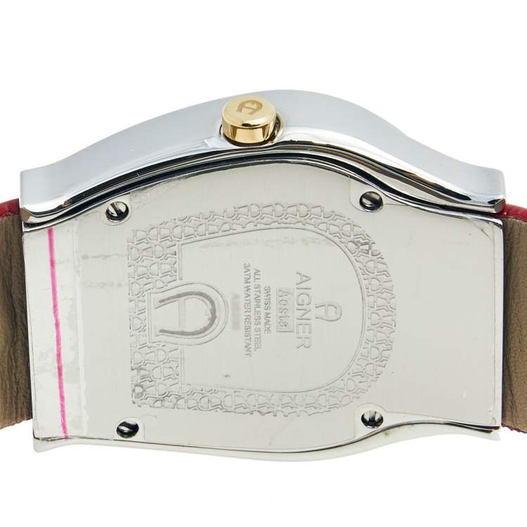 Pre Owned Aigner Mother of Pearl Two Tone Stainless Steel Leather Aosta A59200 Women's Wristwatch  35 mm