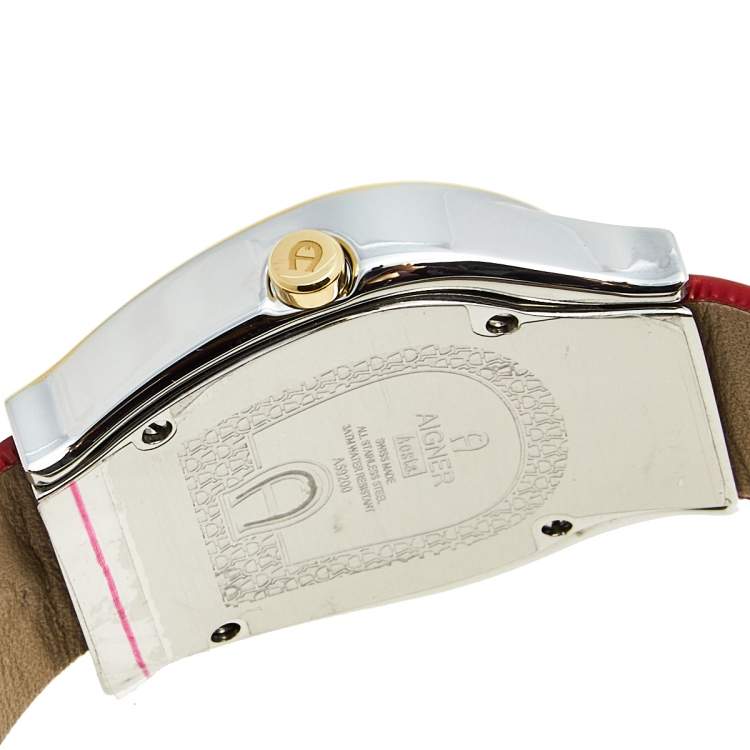 Pre Owned Aigner Mother of Pearl Two Tone Stainless Steel Leather Aosta A59200 Women's Wristwatch  35 mm