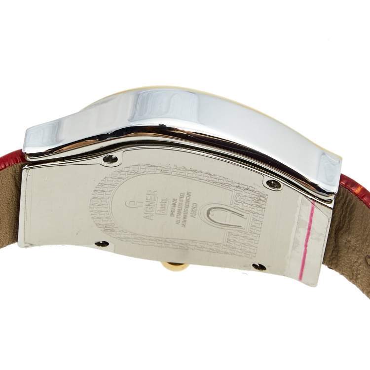 Pre Owned Aigner Mother of Pearl Two Tone Stainless Steel Leather Aosta A59200 Women's Wristwatch  35 mm