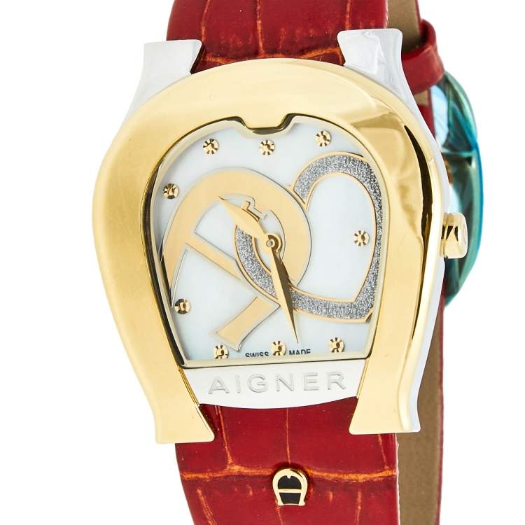 Pre Owned Aigner Mother of Pearl Two Tone Stainless Steel Leather Aosta A59200 Women's Wristwatch  35 mm