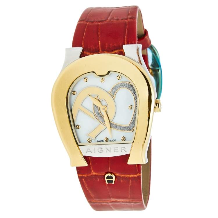 Pre Owned Aigner Mother of Pearl Two Tone Stainless Steel Leather Aosta A59200 Women's Wristwatch  35 mm
