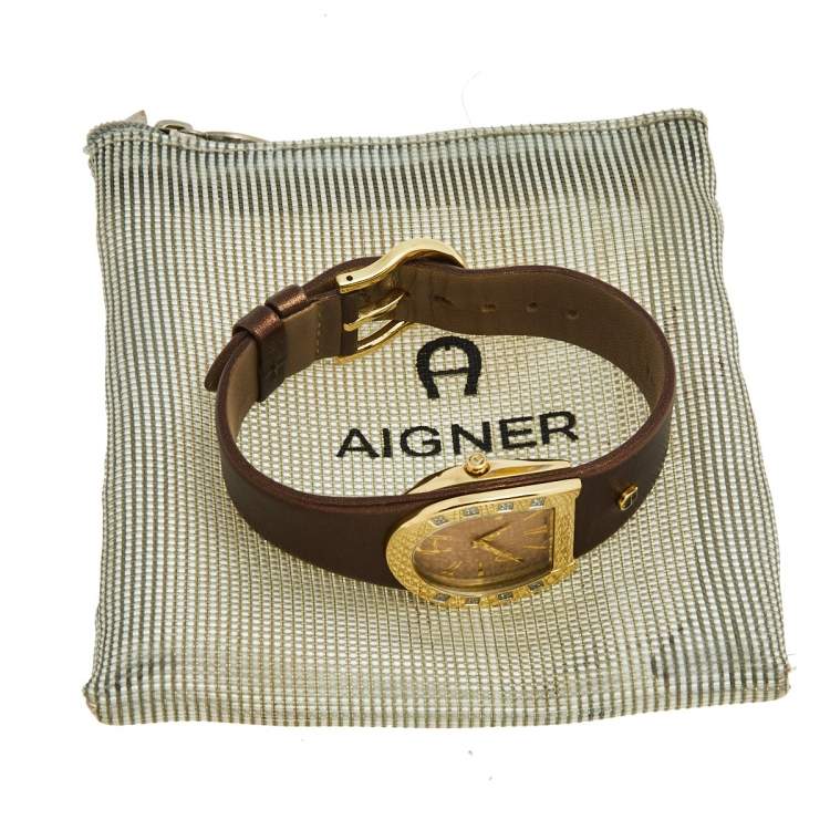 Pre Owned Aigner Beige Yellow Gold Plated Stainless Steel Leather Capri A19200 Women's Wristwatch 30 mm