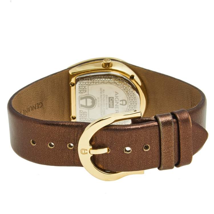Pre Owned Aigner Beige Yellow Gold Plated Stainless Steel Leather Capri A19200 Women's Wristwatch 30 mm