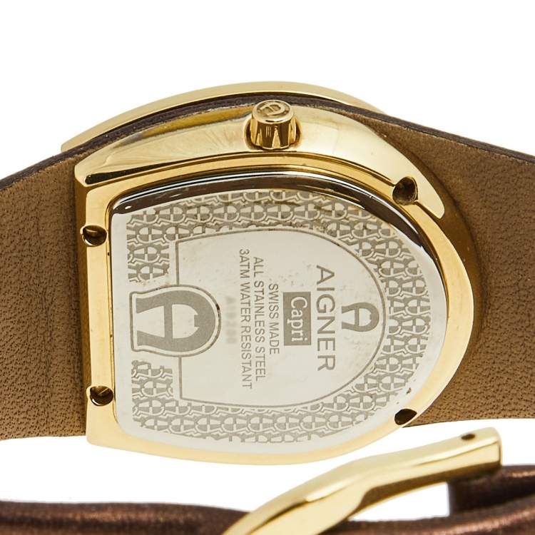 Pre Owned Aigner Beige Yellow Gold Plated Stainless Steel Leather Capri A19200 Women's Wristwatch 30 mm