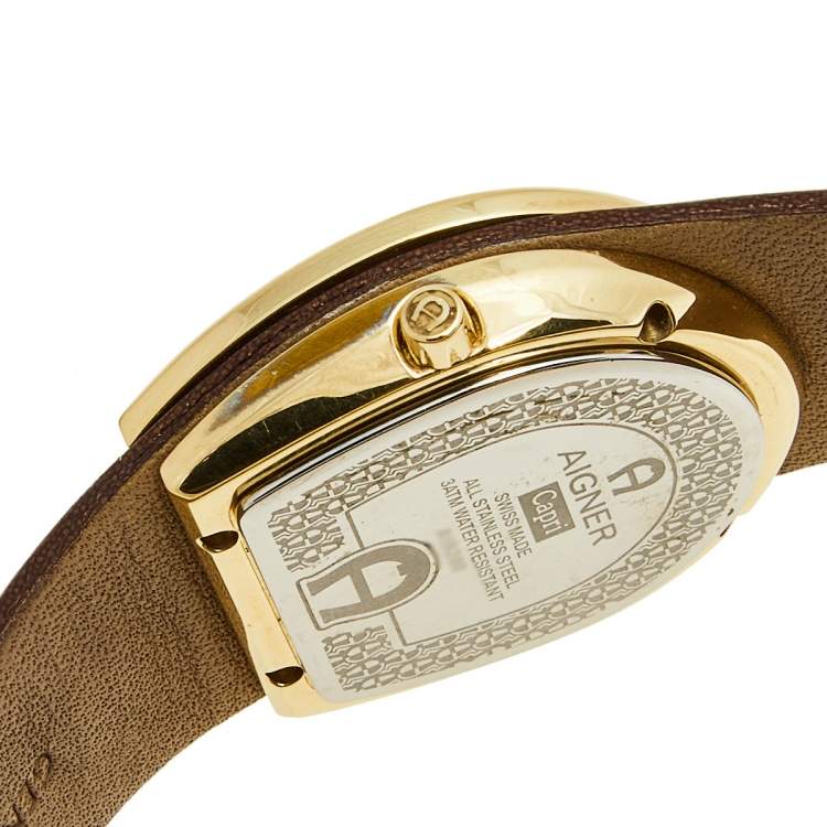 Pre Owned Aigner Beige Yellow Gold Plated Stainless Steel Leather Capri A19200 Women's Wristwatch 30 mm
