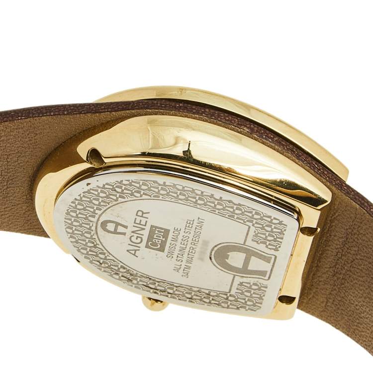 Pre Owned Aigner Beige Yellow Gold Plated Stainless Steel Leather Capri A19200 Women's Wristwatch 30 mm