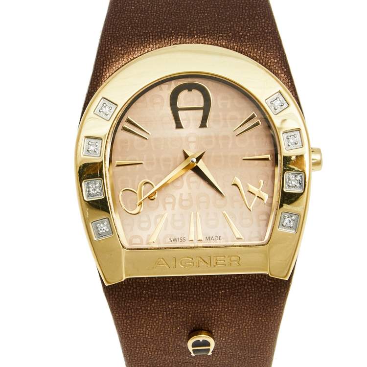 Pre Owned Aigner Beige Yellow Gold Plated Stainless Steel Leather Capri A19200 Women's Wristwatch 30 mm