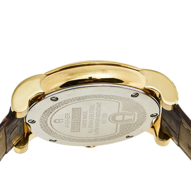 Pre Owned Aigner Mother Of Pearl Gold Plated Stainless Steel Leather Bari Donna A37200 Women's Wristwatch 41 mm