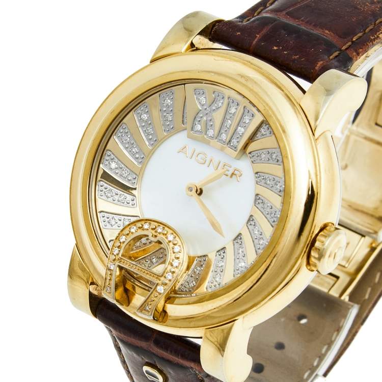 Aigner Mother Of Pearl Gold Plated Stainless Steel Leather Bari