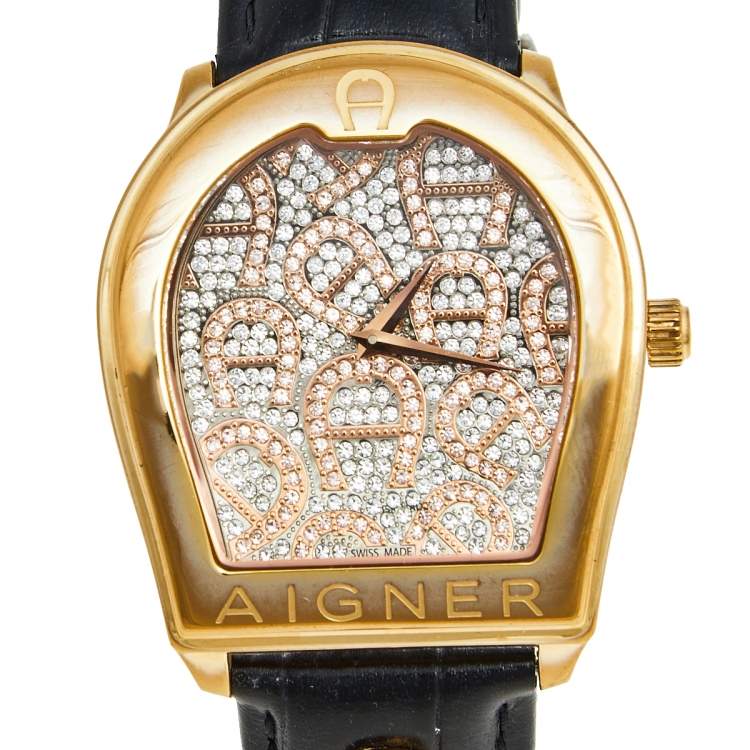 Pre Owned Aigner Metallic Rose Gold Plated Stainless Steel Leather Verona A48000 Women's Wristwatch 39 mm